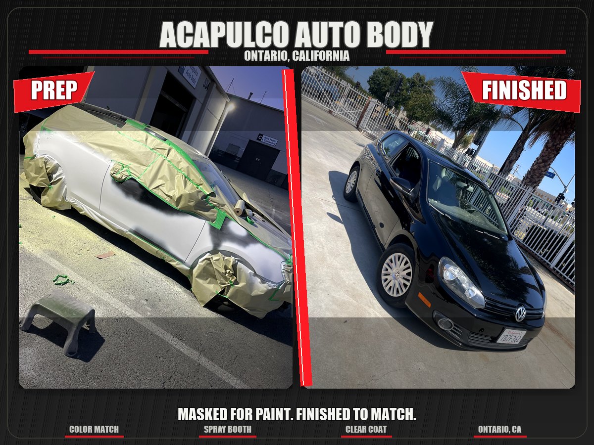 Paint prep and finished black Volkswagen Golf after auto body paint at Acapulco Auto Body in Ontario, CA