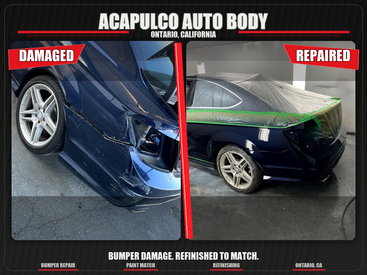 Damaged and repaired blue Mercedes rear bumper after bumper repair and paint matching at Acapulco Auto Body in Ontario, CA