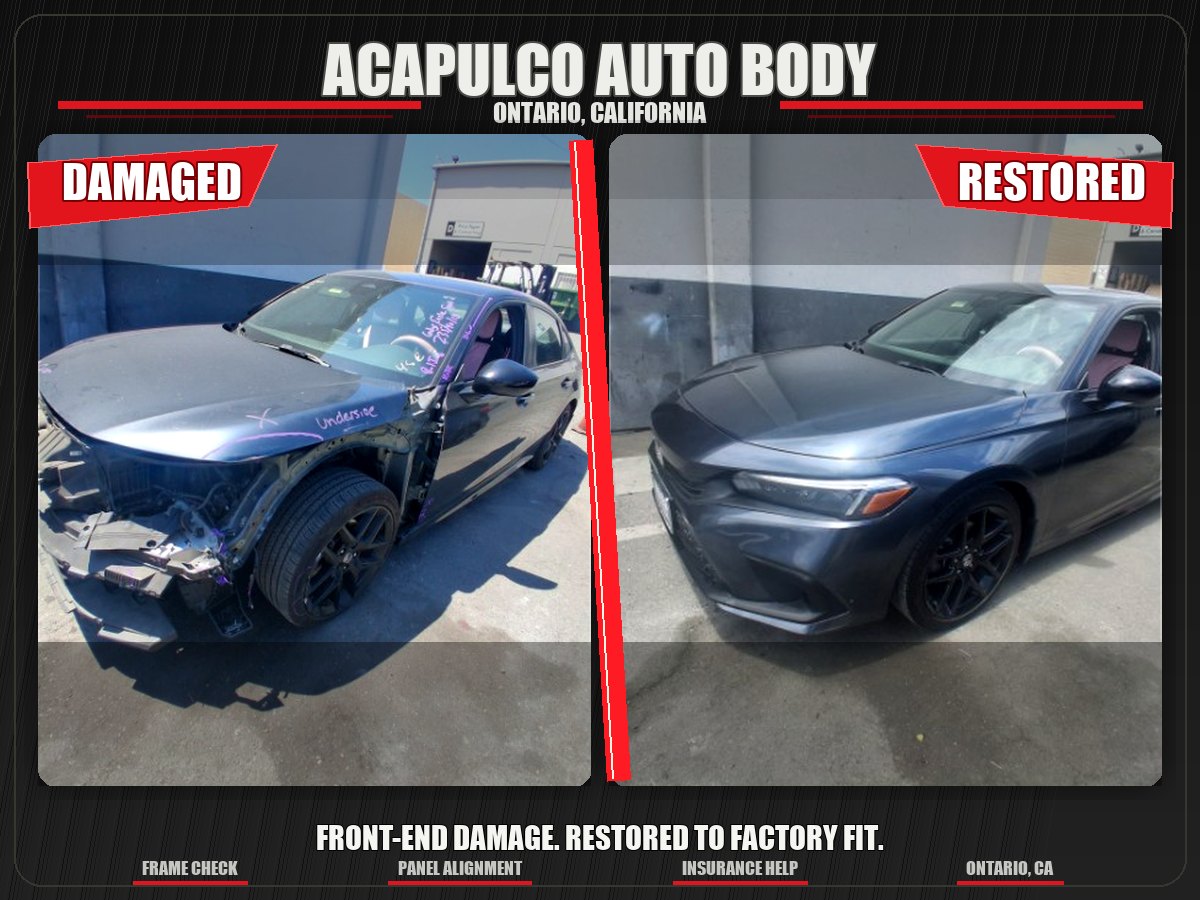 Damaged and restored gray Honda Civic after collision repair at Acapulco Auto Body in Ontario, CA