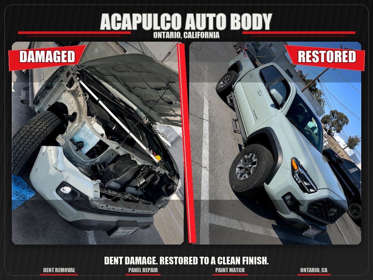 Damaged and restored Toyota Tacoma after dent removal and body repair at Acapulco Auto Body in Ontario, CA